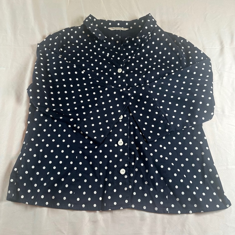 Vintage Pendleton Polka Dot Cotton Button Up Shirt Navy Career Preppy Old Money